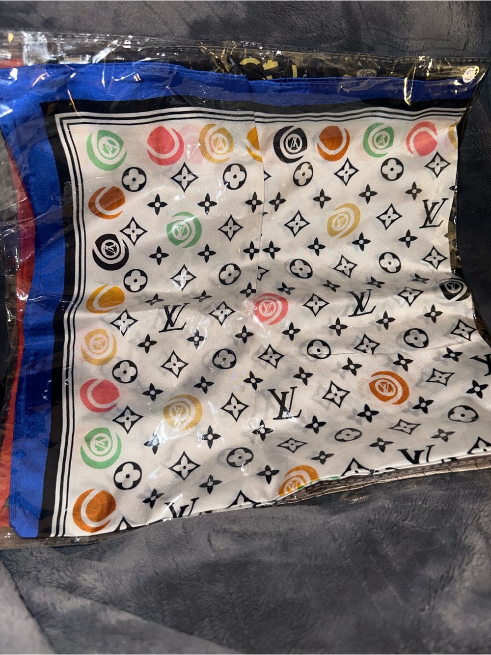 Designer-Inspired Multicolor Logo Print Silk Scarf - Blue Trim